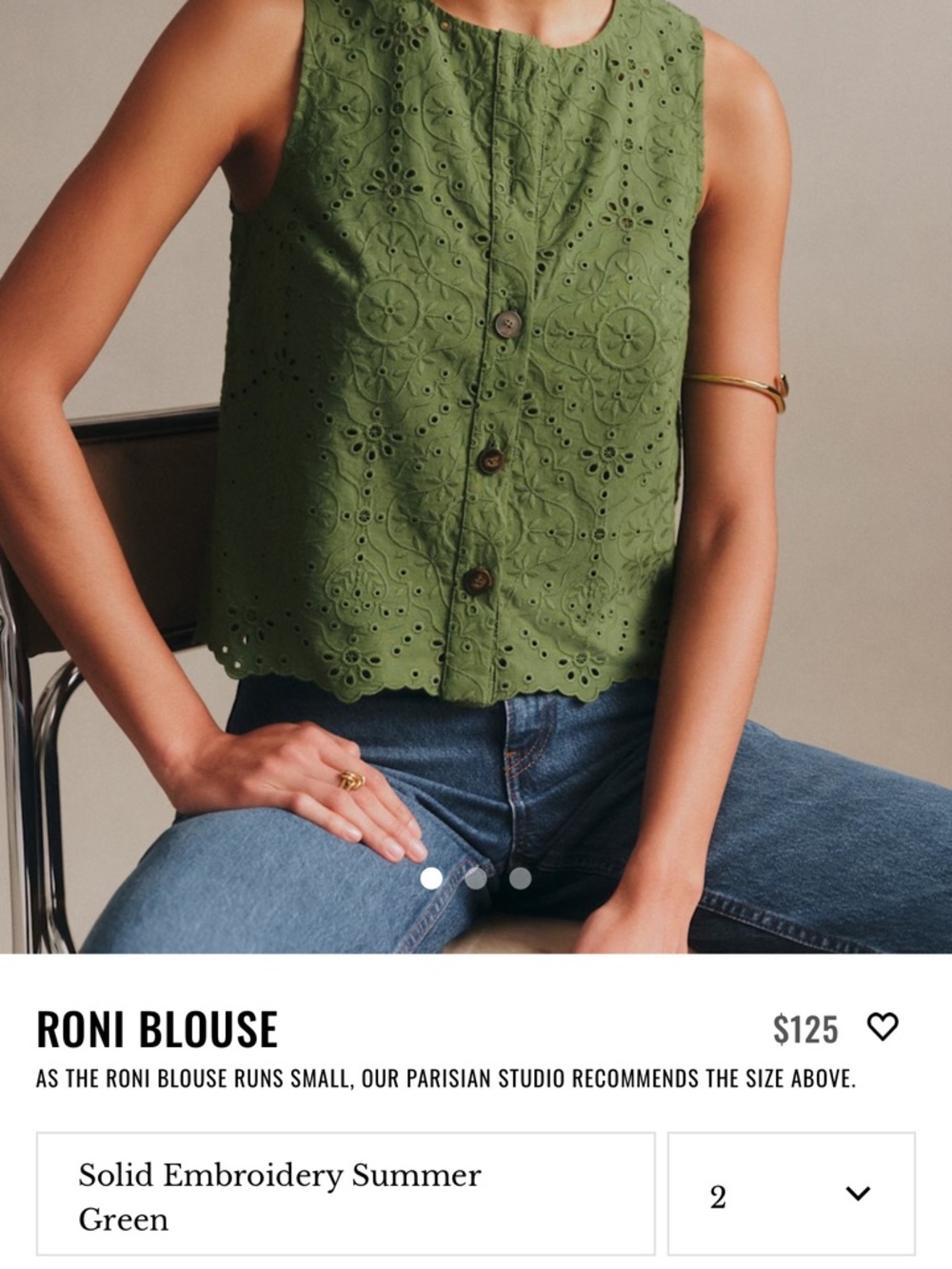 NWT Sezane Roni Eyelet Embroidered Sleeveless Blouse in Green - Size FR 42/US 10